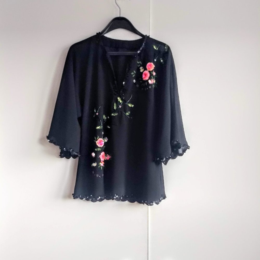 vintage 80s sequin beaded sheer floral top EUC